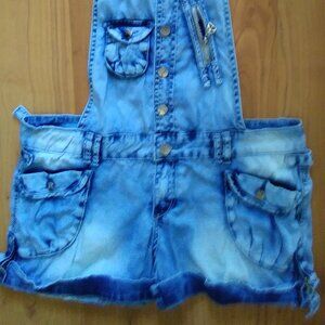 Denim Overall Shorts With Gold Buttons And Hardware